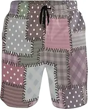 [GuoChe] Men's Novelty Beach Shorts Old School Patchwork Pink Quick Dry Beachwear Sports Running Swim Board Shorts Bathing