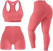 [SereneFit] 3 Piece Workout Sets For Women Seamless High Waisted Matching Exercise Leggings Shorts and Sports Bra Active Set