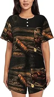 [JEJEA] Cigar & Whiskey print 2 Piece Womens Pajama Set With Pockets Ladies Pjs Summer Sleepwear Set Round Neck Short Sleeve