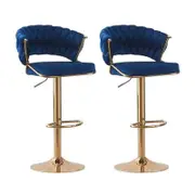 SERENITà Blue Velvet Padded Golden Round Base Barstools Chairs x 2
