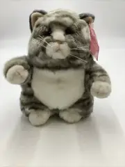 Russ Berrie Prudence Tabby 8" Grey White Plush Stripe Fat Cat Stuffed Animal