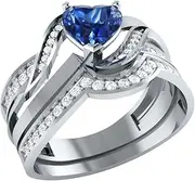 [Demira] 0.28 ct Diamond Sterling Silver Engagement Ring Wedding Band Bridal Set with Simulated Blue Sapphire