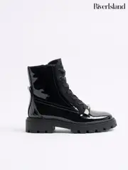 River Island Black Patent Lace Up Boots (AC5948) | $106