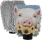 XYMZR Absorbent Microfiber Car Wash Mitt Pig Cute Flower, Funny Cute Anime Scratch Free for Cars Cleaning, Home Cleaning Mitts, 2 Pack, 10.24” L x 7.09” W