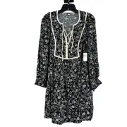 NEW Old Navy Boho Mini Dress Black Floral Long Balloon Sleeves Lace Up Size MP