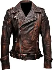 Mens Motorcycle Coat Zipper Brown Double Rider Multi Pockets Stand Collar Bikers Genuine Leather Jackets