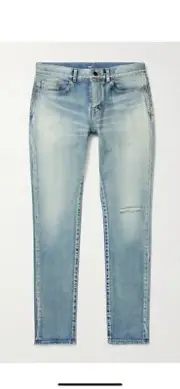 Saint Laurent Men’s Slim Ripped Knee Blue Jeans. 36 $790