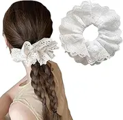 White Lace Scrunchies Large Elastic Hair Ties Ropes Hair Scrunchies, White Large Hair Scrunchies, Bobbles Ponytail Holders for Thick Hair, Thick Hair Bulk Scrunchies Accessories for Girl Women