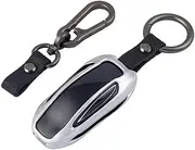Premium Tesla Key Fob Cover for Model X - Aircraft Aluminum Flip Key Protection Case with Leather Keychain - Keyfob Holder Compatible with Tesla (Model X, Silver)