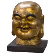 US Seller - Gilt Wooden Chinese Happy Buddha Head Sculpture