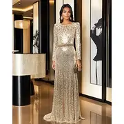 Black Tie Gala Gold Sequin Sheath / Column Evening Gown Elegant Dress Formal Sweep / Brush Train Long Sleeve Crew Neck Sequined with Crystals 2025