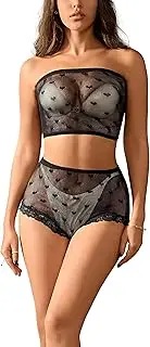 [Tender Whisper] Women Sexy Underwear Tube Top +Lace Panty Pajamas Sleepwear Stretchy Bodysuit Lingerie Set 2PCS