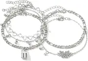 [QttvbTna] Anklet Bracelet for Women, 5 Pcs Set Adjustable Women's Anklets, Silver Love Heart, Lock, Butterfly, Elastic Beaded Foot Chain, Multilayered Jewellery Gifts for Women Girls Beach Vacation,