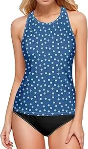[Joisal] Swimsuit Tankini, Polka Dot Black Chic Swim Suit Tops Women Top Only, Swim Tops for Women with Built in Bra, Small