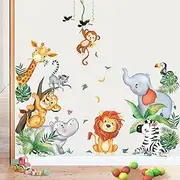wondever Jungle Animals Wall Stickers Safari Animal Elephant Giraffe Lion Monkey Peel and Stick Wall Art Decals for Kids Bedroom Baby Nursery Door Decor