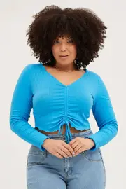 Mid Blue Drawstring T-shirt Lettuce Edge Long Sleeve Rib