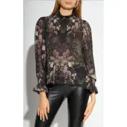 AllSaints Cora Floral Top Pleated Blouse Sheer Black Ruffle Collar Neck Sz 4