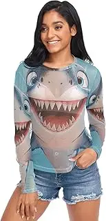 [RPLIFE] Cute Cartoon Sharks Blue Mesh Blouse for Women, Sheer Mesh Top S-XXL