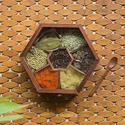 RK_Enterprises Wooden Spice Box for Kitchen with Spoon (Sheesham Wood,7 Partitions,100 Ml)|Wooden Masala Box for Kitchen