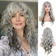 Long Curly Wavy Grey Wig for Women Synthetic Heat Resistant Party Cosplay Hair Wig with Bangs