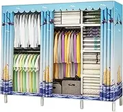 Wardrobe, Portable Canvas Wardrobe Shelves with Hanging Rail and Fabric Cover, Clothes Closet Storage Organizer for Bedroom, Easy to Assemble,
