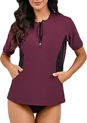 [Halcurt] Women's UV Shirt with Pocket Rash Guard Short Sleeve 1/4 Zip UPF 50+ Swimming Shirt UV Protection Swimming Shirt Quick Drying Swimwear Swimming S-XXL