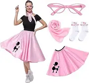 [Rabtero] Women Sock Hop Costume, Adult 1950s Poodle Dress Costume, 50's Poodle Skirt with Glasses, Scarf and Socks