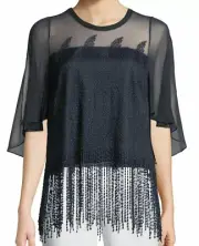 $368 NWT ELIE TAHARI SzS NOREEN FRINGE EMBROIDERED SHORT SLEEVE CHIFFON TOP NAVY
