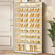 CIMLORD 9 Tier Foldable Shoe Rack for Closet Entryway 18-36 Pairs Stackable Clear Shoe Storage Boxes with Lids Large Shoes Shelf with Door Tall Plastic Organizer Cabinet Easy Assembly