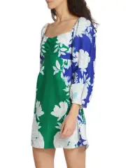 Farm Rio Soft Garden Mini Dress S Small Blue Green Floral Linen Blend $190