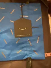 Amazon Gift Bag Draw String Style, Blue, silver print 10.5" x 15" New expandable