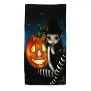 Halloween Night Big Eyed Witch and Pumpkin Microfiber Beach Towel