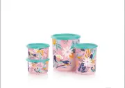 LAST ONE! Tupperware One Touch Canister Set of 3 Blushing Meadow Pink Teal