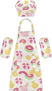 AIXIWAWA Kids Apron Chef Hat Set, Child Kitchen Bib Aprons Adjustable for Cooking Baking Painting (Cute Swimming Ring)
