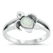 Turtle Ring Sterling Silver 925 White Lab Opal Oxidized Face Height 9 mm Size 4