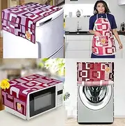 KANUSHI Industries® 1 Pc Microwave Cover+1 pc Fridge Cover+1 pc Washabl&Dustproof Front Load Automatic Washing Machine Cover+1 pc Apron for Kitchen Front (Micro+FRI+W.M-Front+Apron-Maroon-Box)