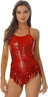 [iEFiEL] Women's Fringes Dance Leotard Sequins Tassel Bodysuit Latin Dance Costume Performance Dancewear