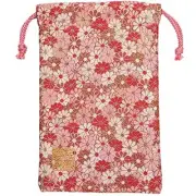 Senito Shuin Nishijin Ori Gold Brocade Drawstring Bag with lining Red Flowers