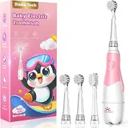 DADA-TECH Toddler Electric Toothbrush Kids Age 1-2-3 Years Old, Baby Electric Toothbrush with LED Light 2 Minutes Timer 4 Vibrating Heads for Infants Toothbrush 6 to 12 Months and Up (Pink Penguin)