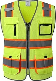 JKSafety 10 Pockets Class 2 High Visible Reflective Safety Vest Zipper Front Large Back Pockets Breathable and Mesh Lining