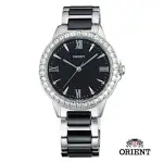 【ORIENT 東方錶】DRESS系列 時尚晶鑽羅馬數字石英錶 陶瓷鋼帶款 黑色 - 34MM(FQC11003B)