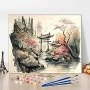TUMOVO Japanese Landscape Paint by Numbers for Adults DIY Art Kit with Canvas Watercolor Inspired Beginner Friendly Home Decor Creative Relaxing Activity 16x20 Inch