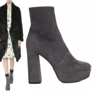 sz 39 NEW $975 PRADA Slate Gray Suede Chunky Heel PLATFORM 110MM ANKLE BOOTS NIB