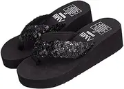 [MOBUTOFU] Large Size Slides Sandals Non-slip Wedge Heel Flops Fashion Sequined Thong Sandals Ladies Shoes Size 39
