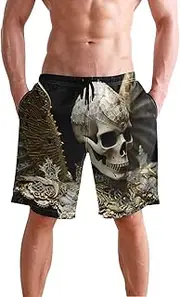 [XYMZR] Men's Swim Trunks Gold Sketelon Black Quick-Dry Bathing Suit Swimming Board Shorts S