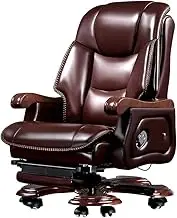 KJLY Head Layer Cowhide Office Chair, Boss Chair, Solid Wood Swivel Chair, Ergonomic Computer Chair, 9-Point Massage and Retractible Footrest, Brown