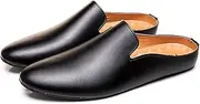 [NELSBREX] Men's Leather Open Back Flat Mules Vintage Round Toe Soft Sole Non-Slip Slip-On Formal Slippers Business Work Driving Walking Shoes