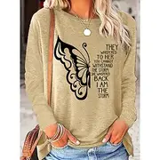 Women's T Shirt Butterfly Letter Fashion Casual Long Sleeve Round Neck Regular Tops Daily Print Pink Blue Khaki Spring Fall Spring, Fall, Winter, Summer