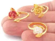 Rose Leaf Flower Ring Red or White Enamel Adjustable Gold Plated Brass 4744