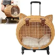Cat Trolley On Wheels, Bamboo Woven Cat Suitcase with Wheels, Portable Outdoor Pet Trolley Bag for Cat and Small Dog, Handmade Rattan Weaving Pet Trolley Case